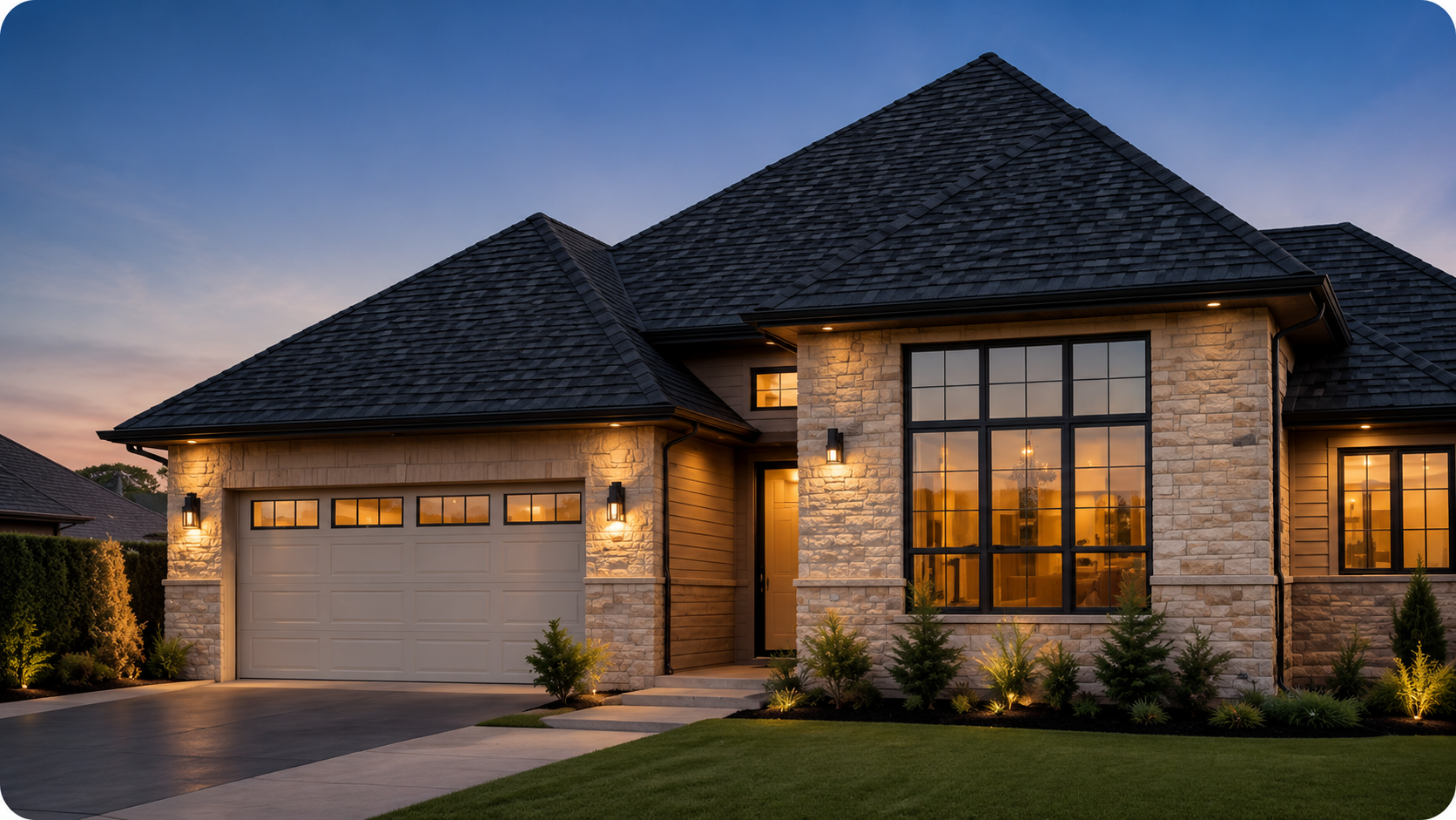 Modern home exterior at dusk